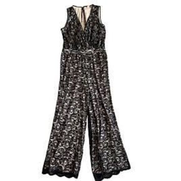 Boston Proper Size 10 All Over Lace Jumpsuit Black Wide Leg Cocktail Party Glam - Picture 3 of 16